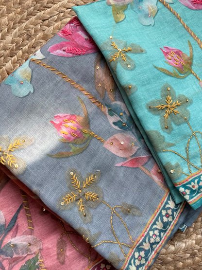 Pure linen lotus kantha work suit