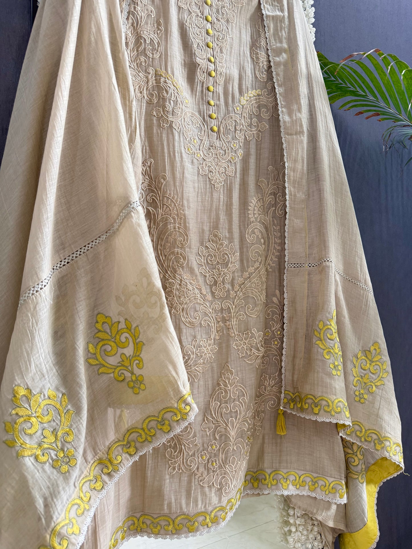 Luxurious Mul chanderi appliqué work suit