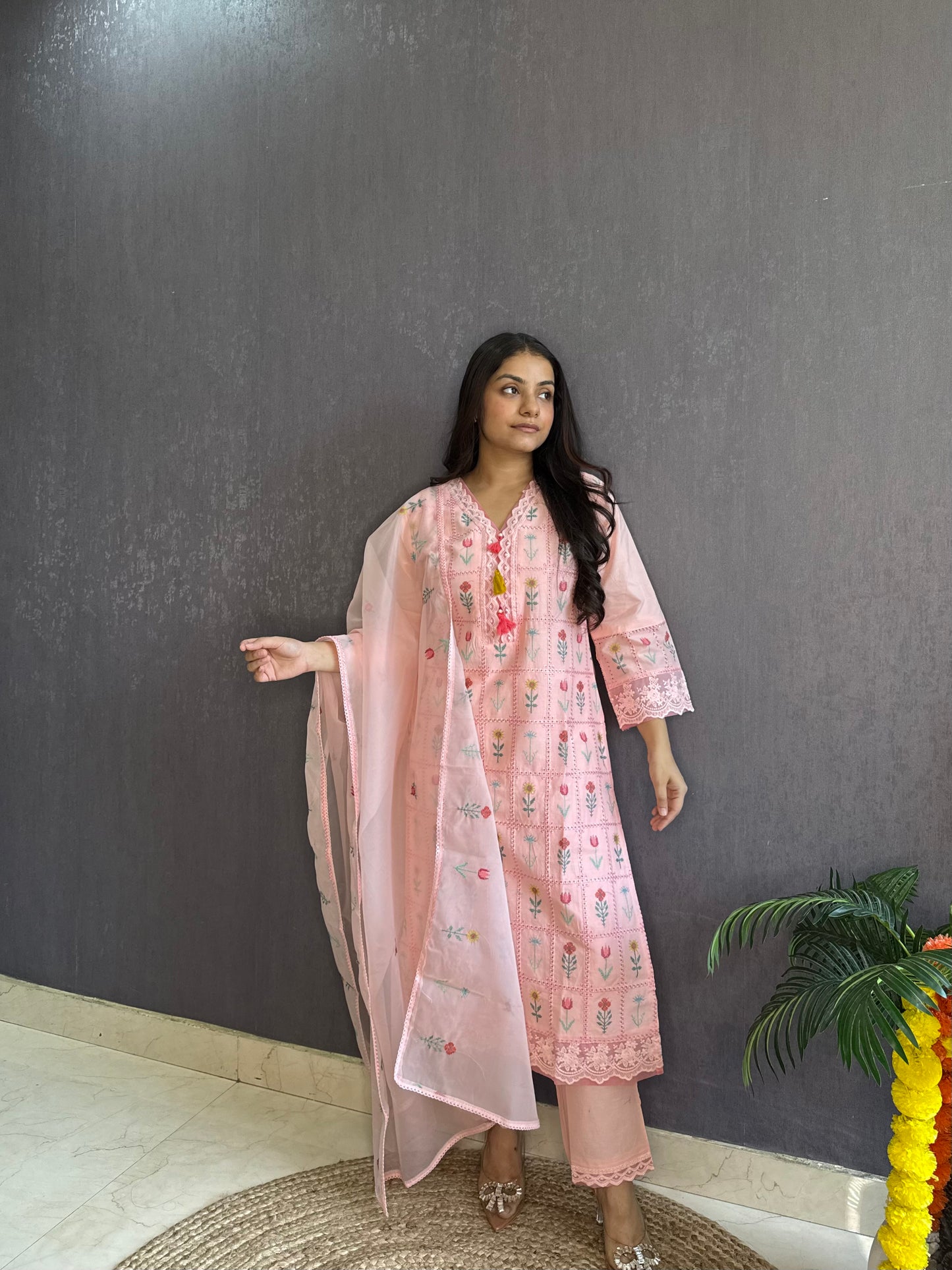 Cotton checked floral designer suit