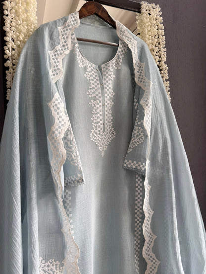 Luxurious Mul chanderi appliqué work suit