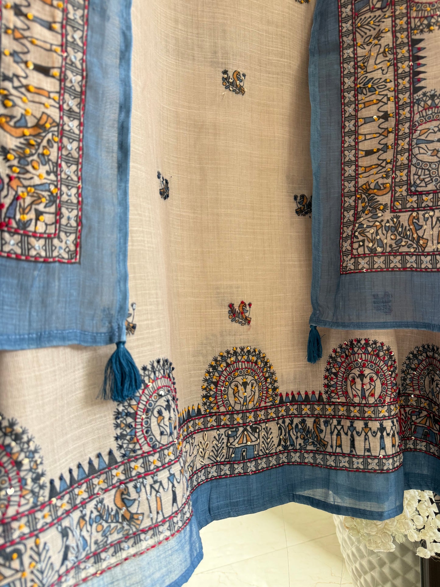Linen worli art  Kantha work suit