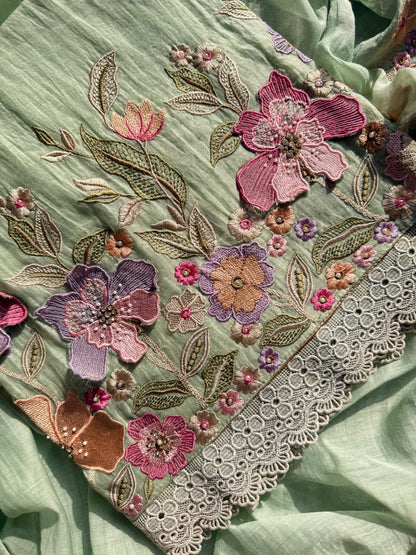Luxurious Mul chanderi appliqué work floral suit