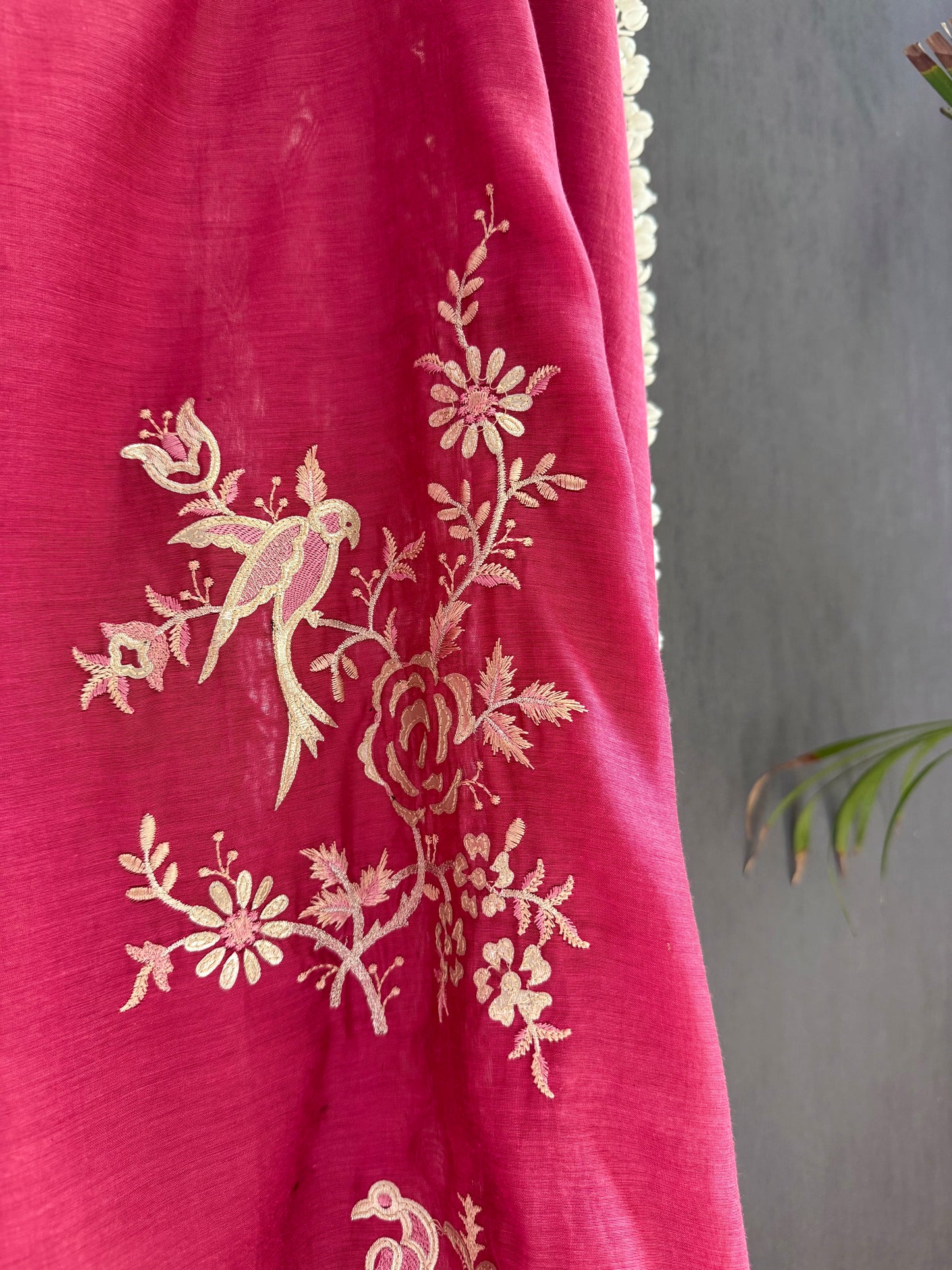 Luxurious Mul chanderi gota appliqué birds roses suit