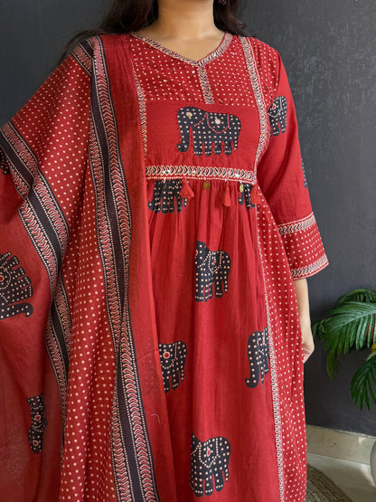 Ajrakh elephants handwork A line suit set
