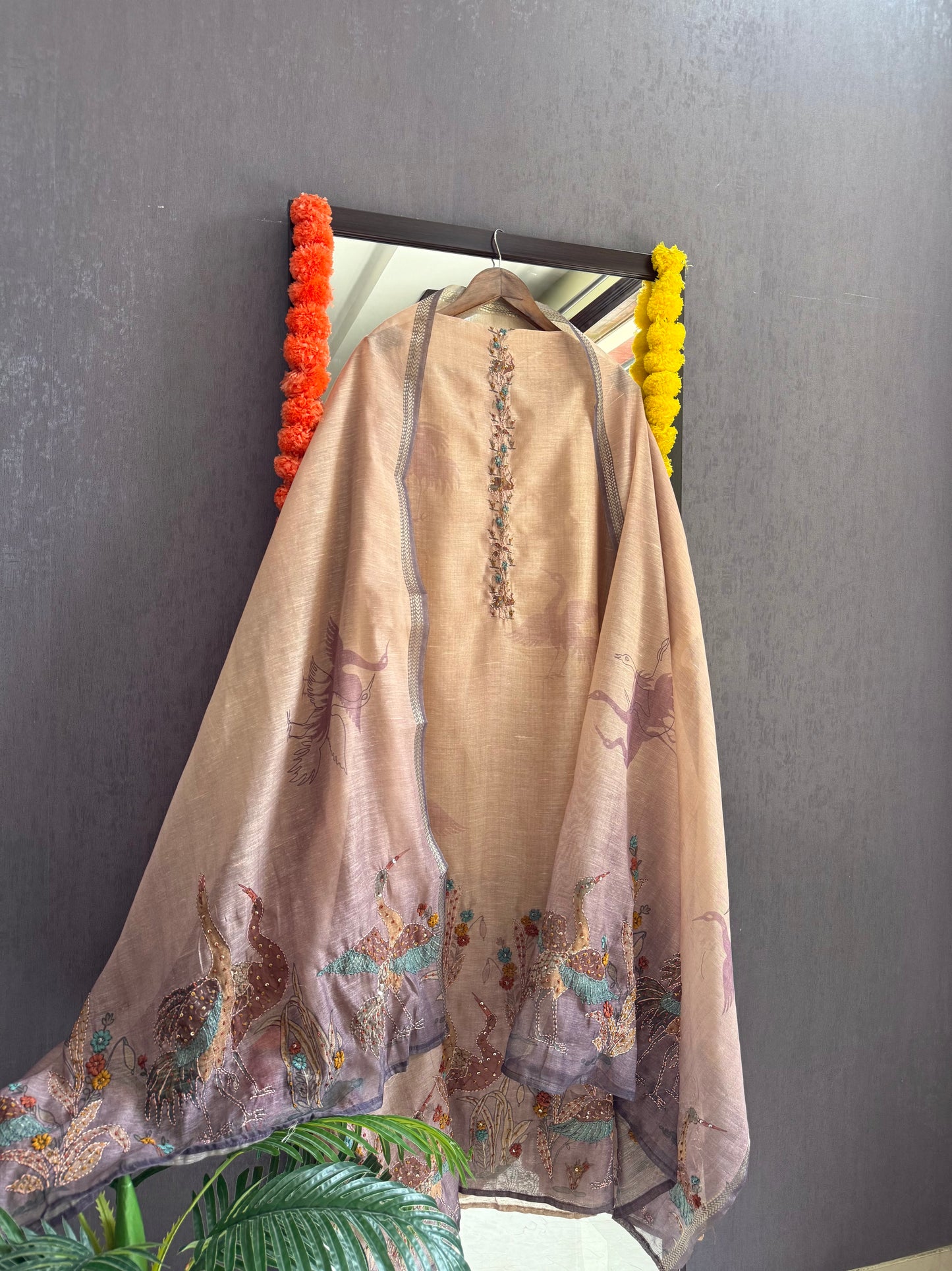 Pure linen birds frenchknot kantha work suit