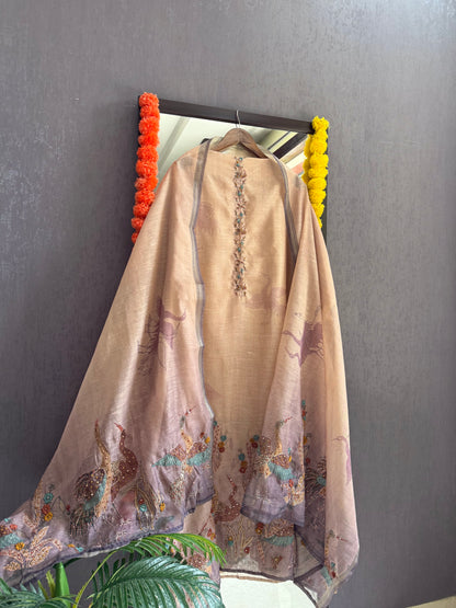 Pure linen birds frenchknot kantha work suit