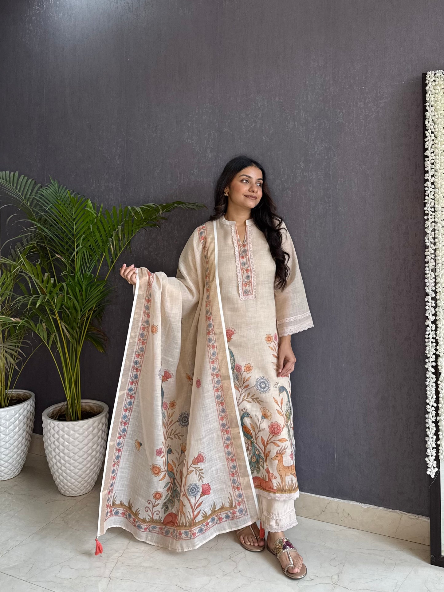 Linen deers peacock kurta set
