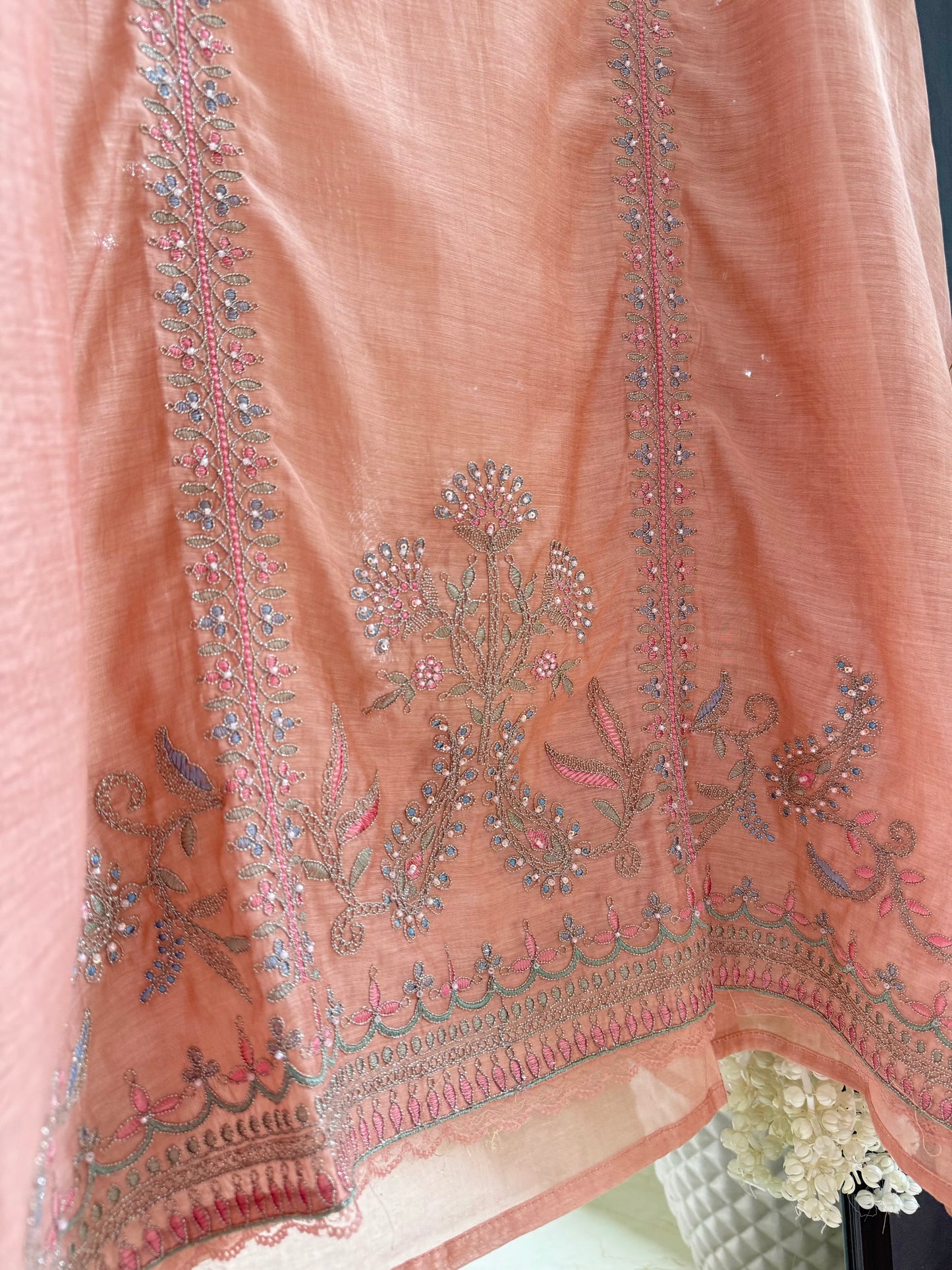 Luxurious Mul chanderi antique dori sitara suit