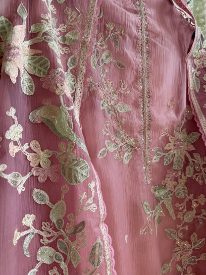 Crush tissue handwork birds and florals suit