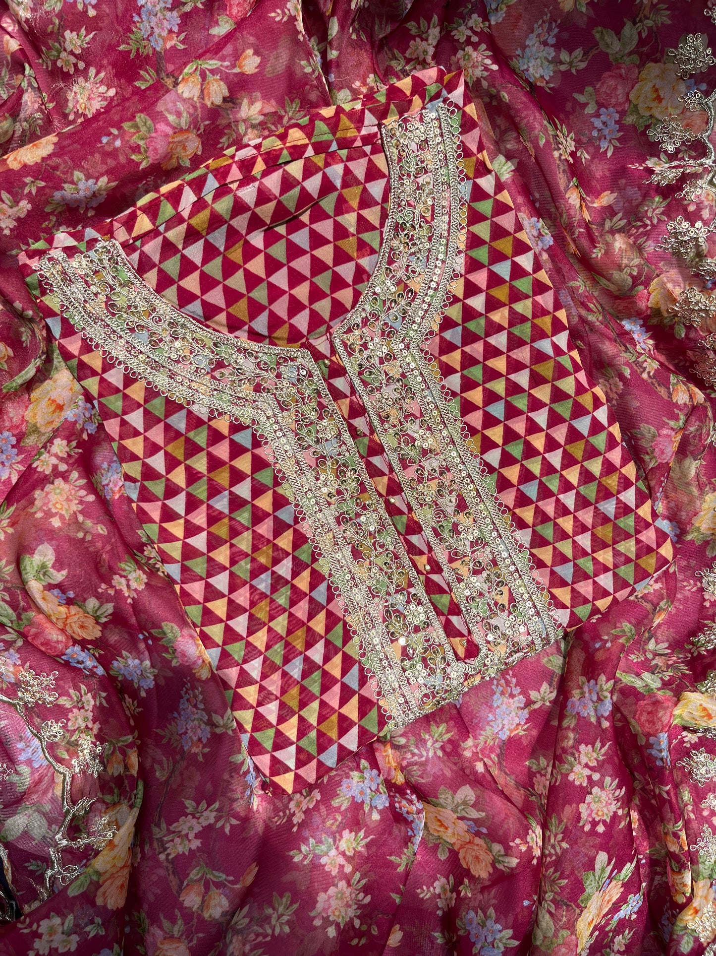 Aari work pearlwork organza suits