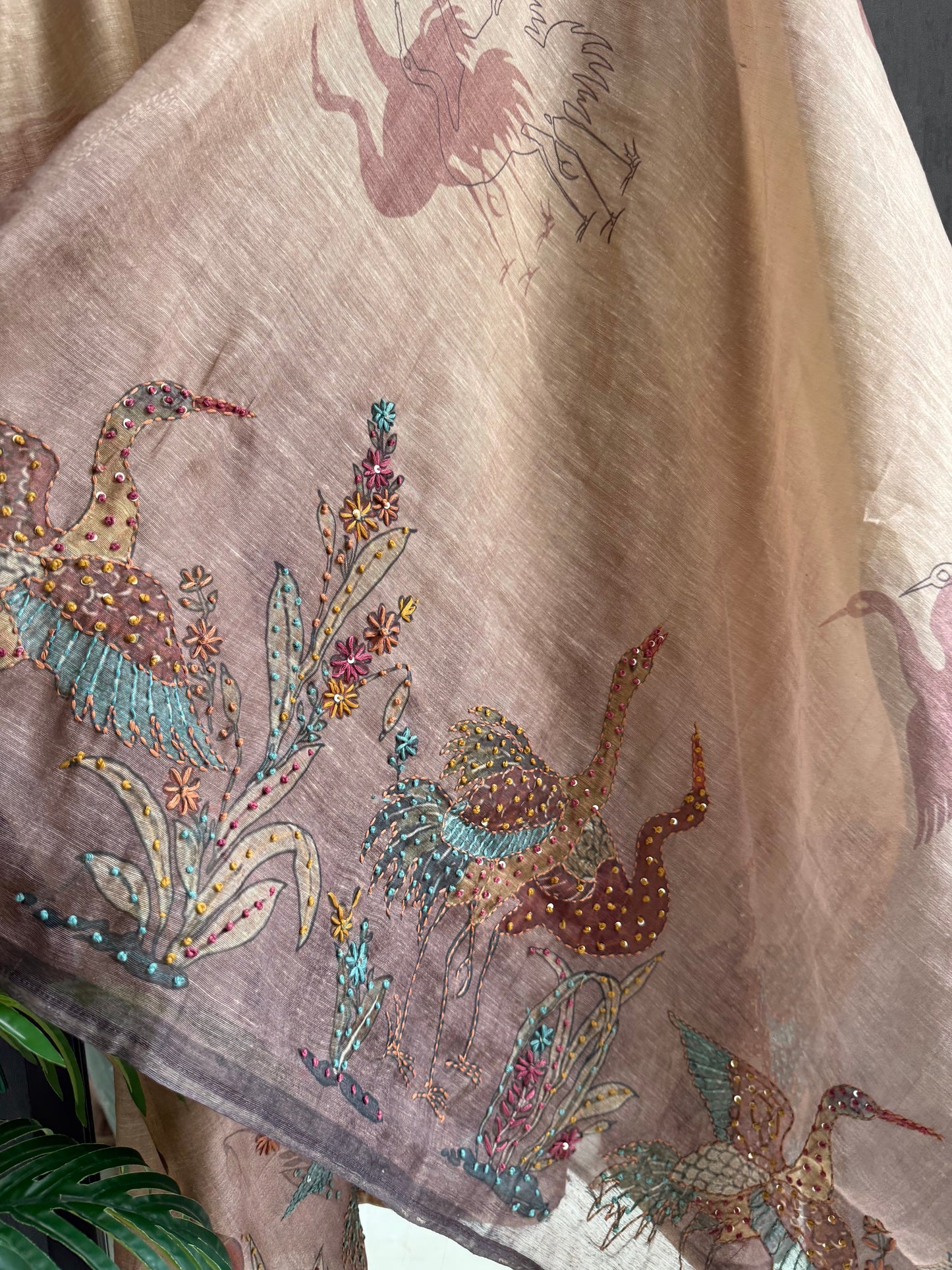 Pure linen birds frenchknot kantha work suit