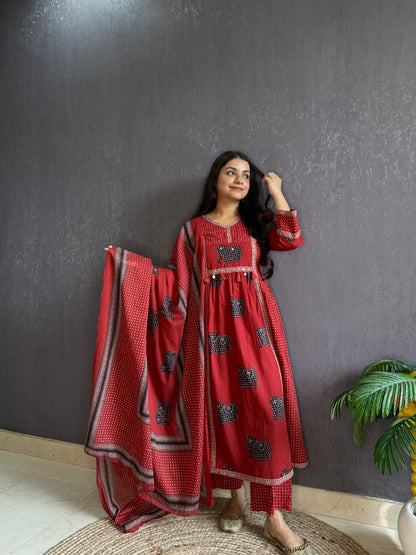Ajrakh elephants handwork A line suit set