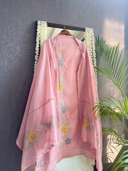 Luxurious Mul chanderi threadwork floral veil suit