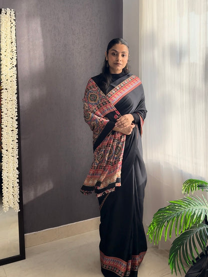 Satin crepe Ajrakh printed saree