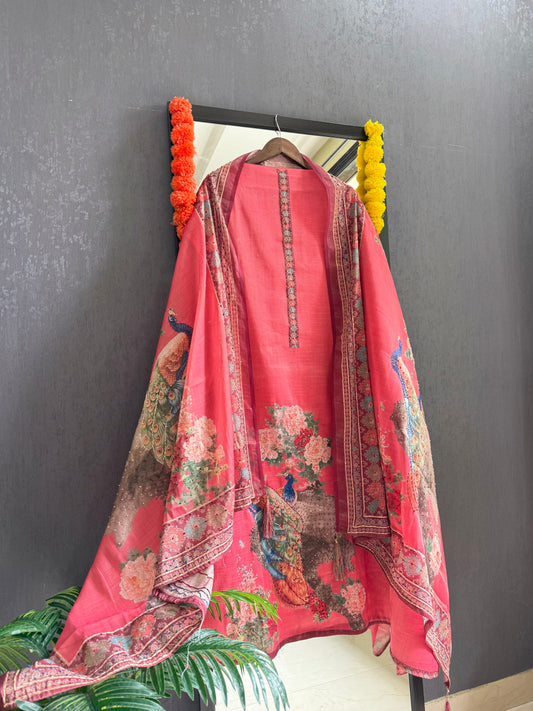 Pure linen peacock kantha work suit