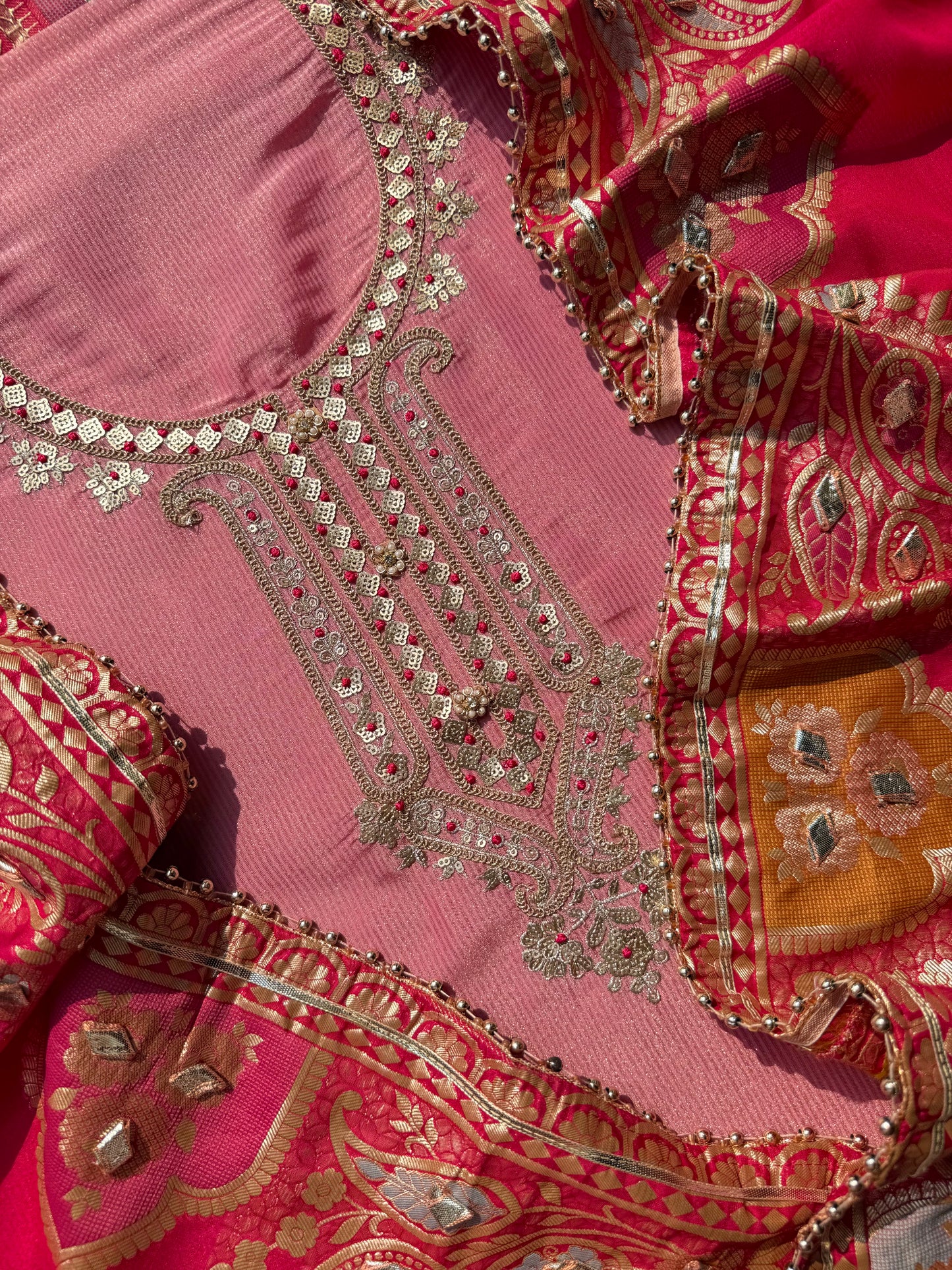 Tissue zari Aari work Meenakari suit