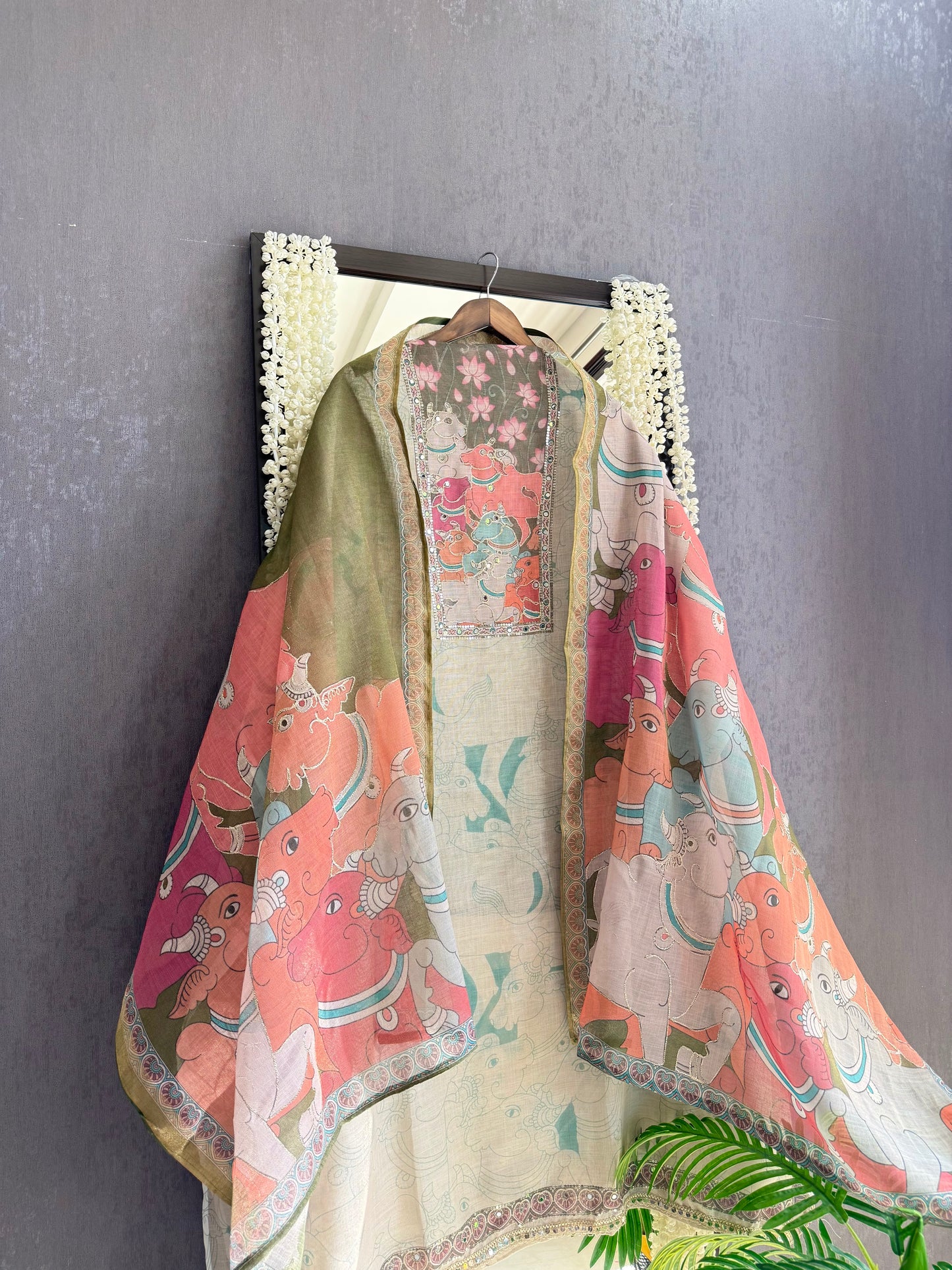 Linen jamdani pichwai suit