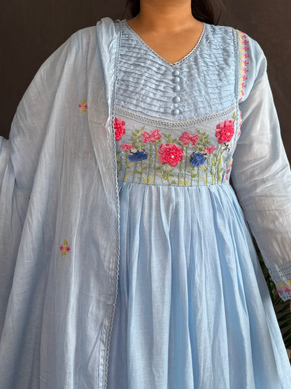 Mal cotton roses embroidered french knot Anarkali