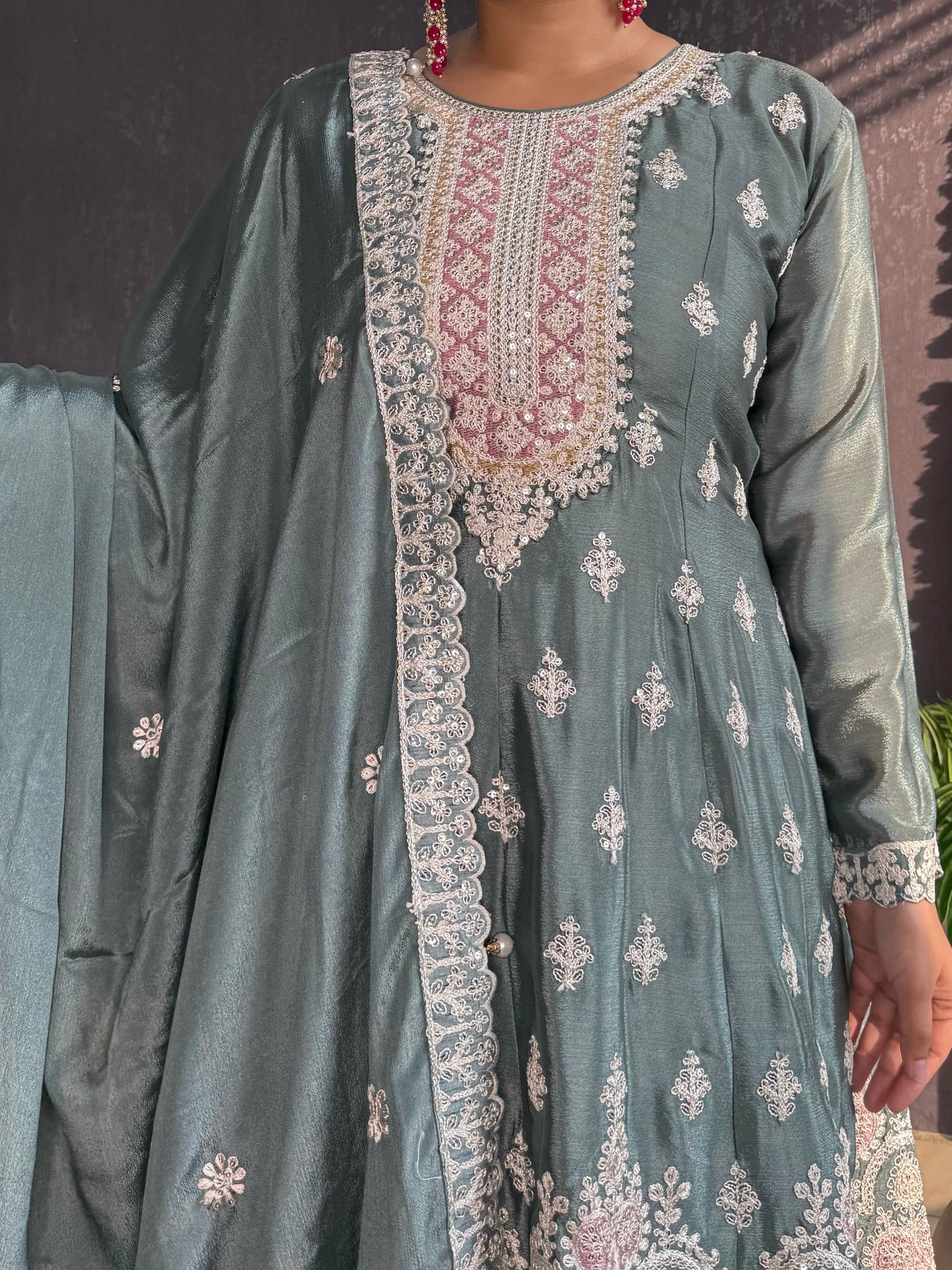Chinon embroidered Anarkali Sharara suit