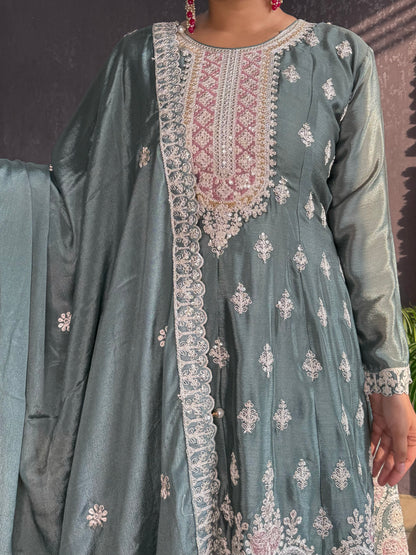Chinon embroidered Anarkali Sharara suit
