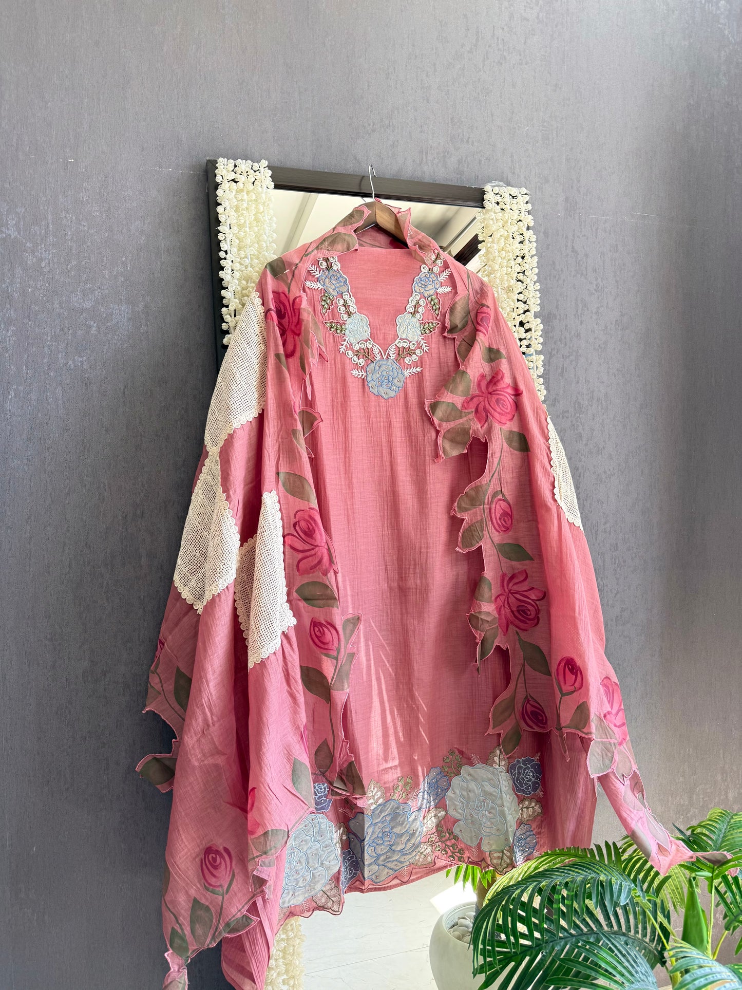 Luxurious Mul chanderi handpainted florals suit