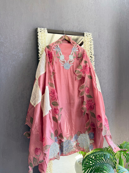 Luxurious Mul chanderi handpainted florals suit