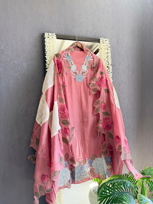 Luxurious Mul chanderi handpainted florals suit