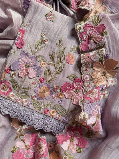 Luxurious Mul chanderi appliqué work floral suit