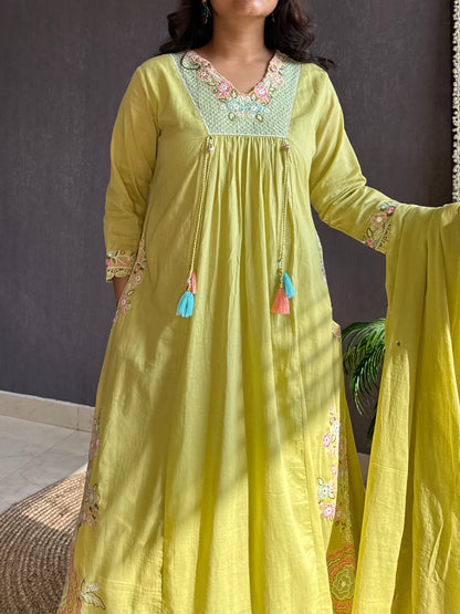 Premium mul cotton embroidered handwork Aline suit