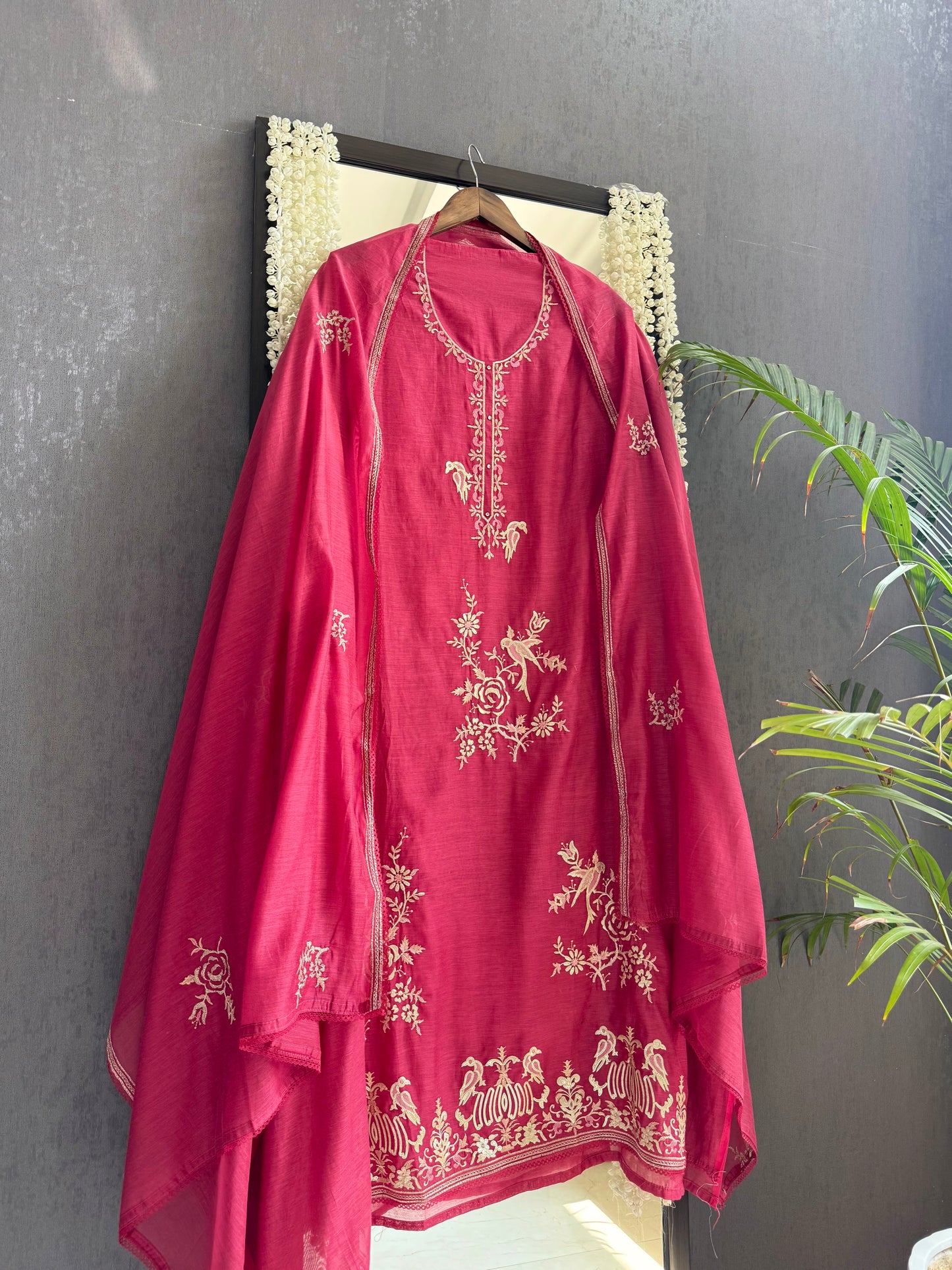 Luxurious Mul chanderi gota appliqué birds roses suit
