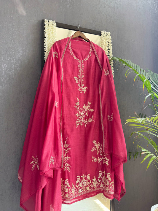 Luxurious Mul chanderi gota appliqué birds roses suit