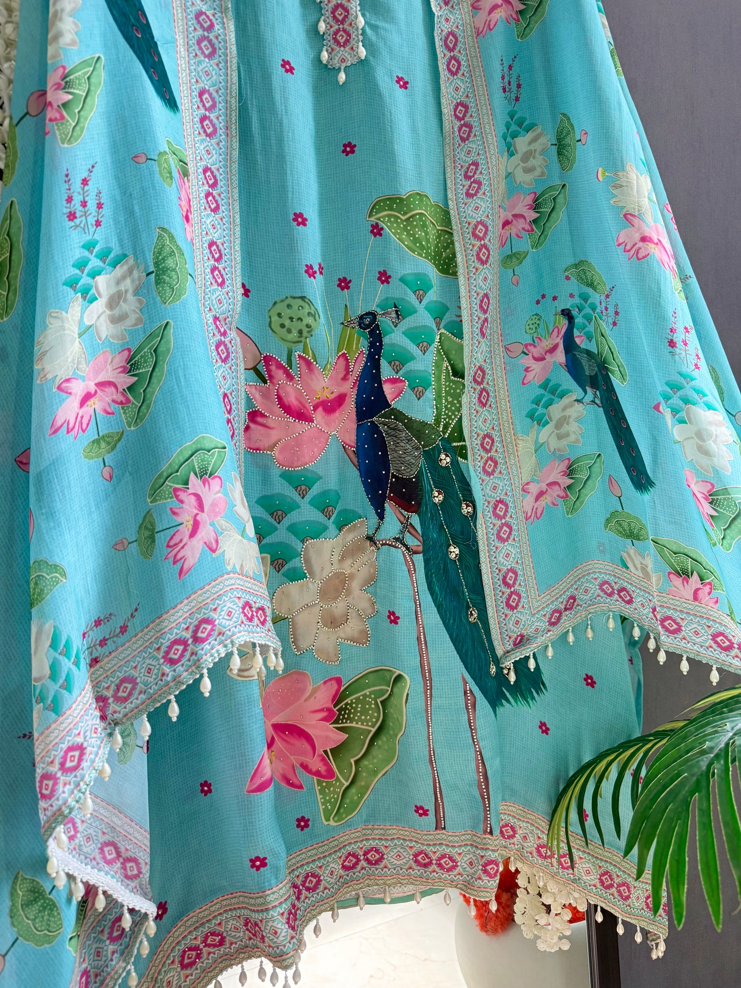 Soft silk peacock hand work suit