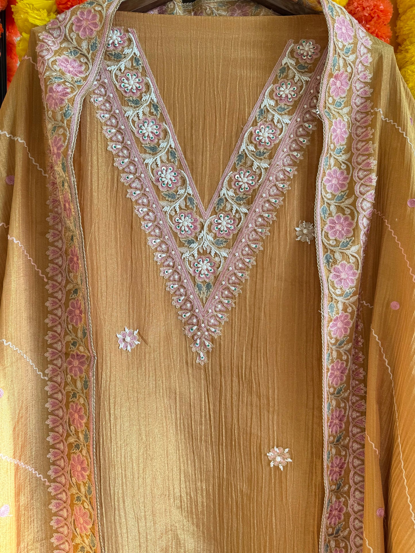 Crush tissue kashmiri aari work suit