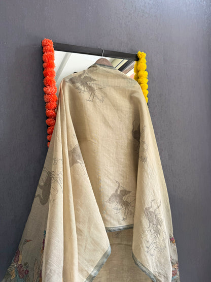 Pure linen birds frenchknot kantha work suit