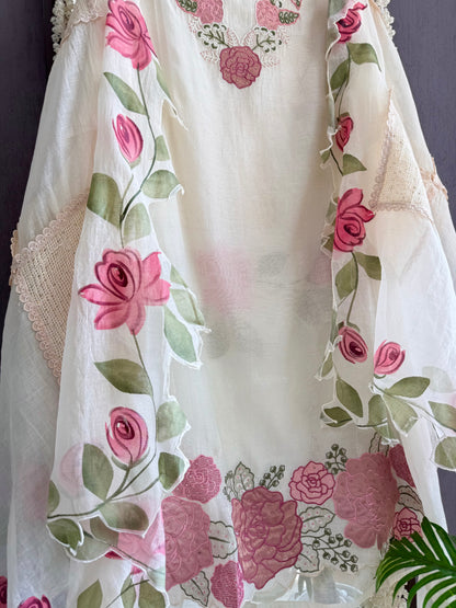 Luxurious Mul chanderi handpainted florals suit