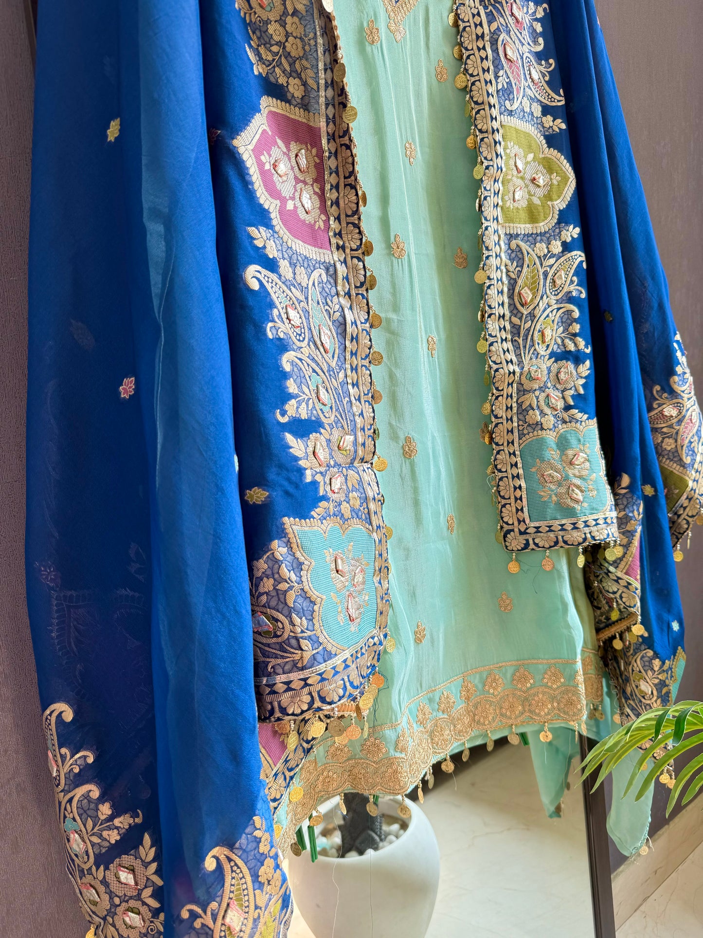 Tissue silk Aari work Meenakari suit
