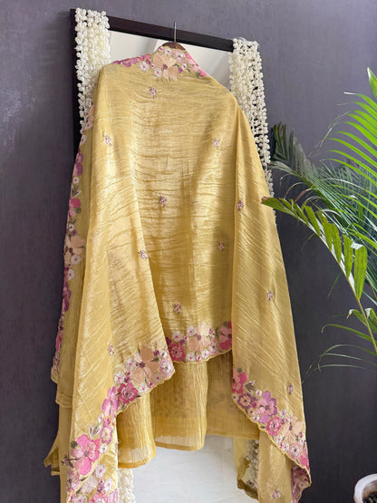 Luxurious Mul chanderi appliqué work floral suit