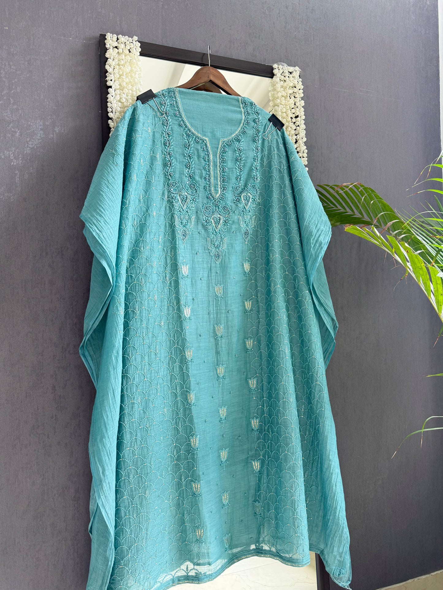 Luxurious Mul chanderi lucknowi tulip and hearts suit