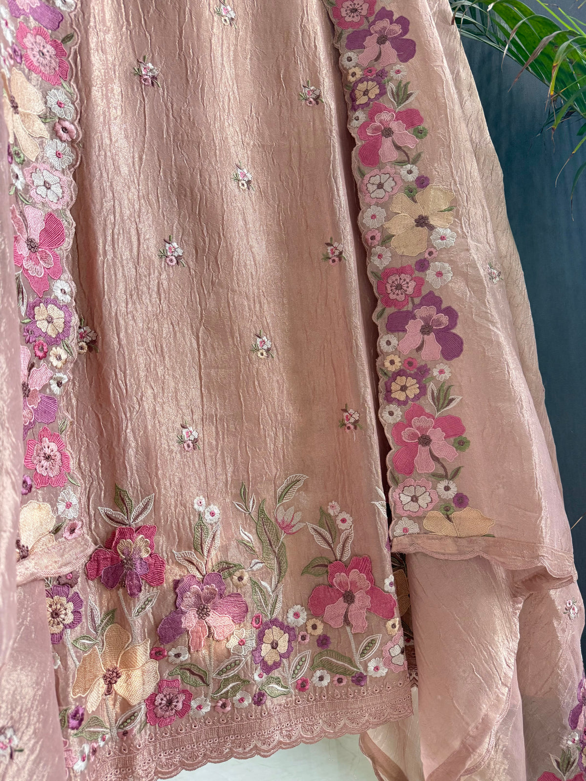 Luxurious Mul chanderi appliqué work floral suit