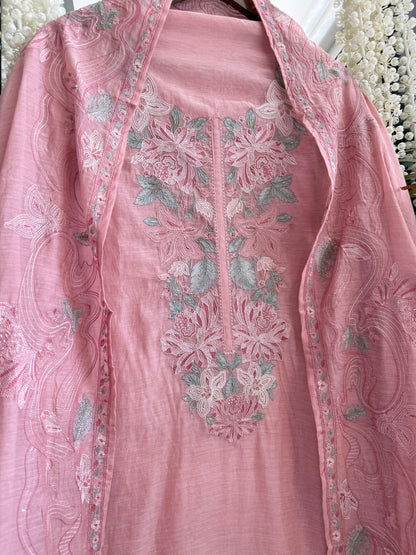 Luxurious Mul chanderi threadwork floral suit