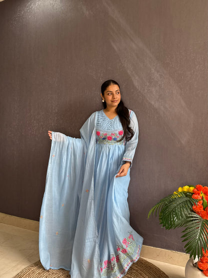 Mal cotton roses embroidered french knot Anarkali