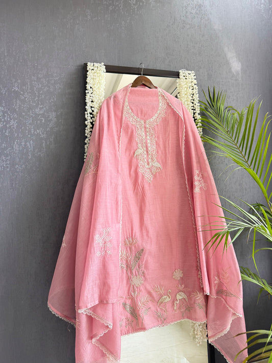 Luxurious Mul chanderi flamingos handwork suit