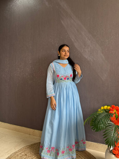 Mal cotton roses embroidered french knot Anarkali