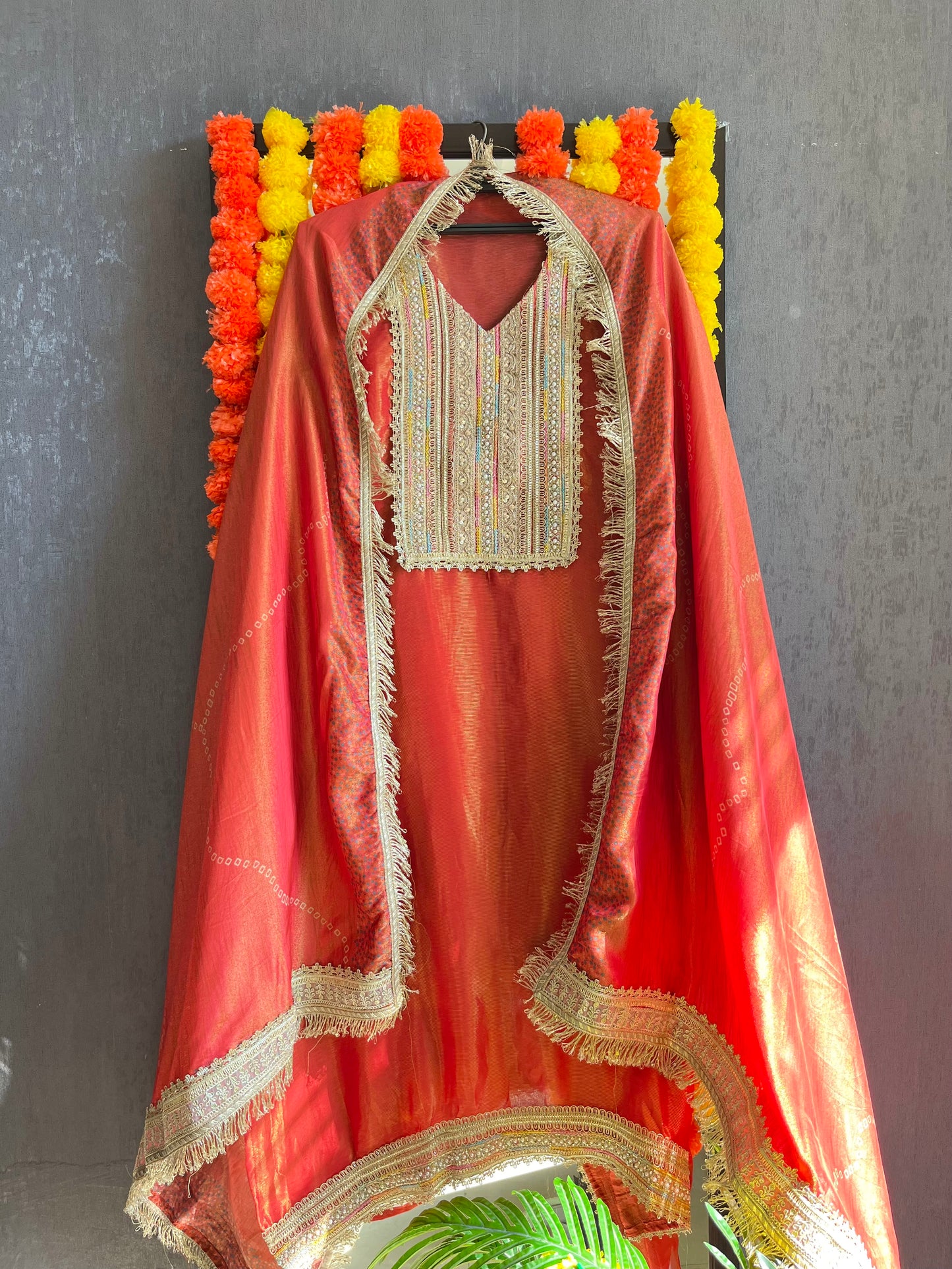 Luxurious zari woven tissue silk suit
