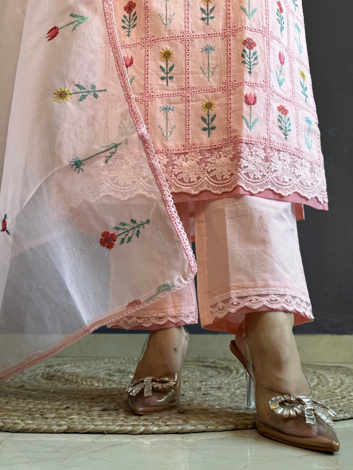Cotton checked floral designer suit