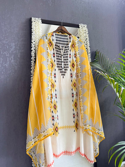 Muslin ikkat inspired handwork suits