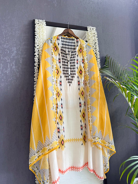 Muslin ikkat inspired handwork suits