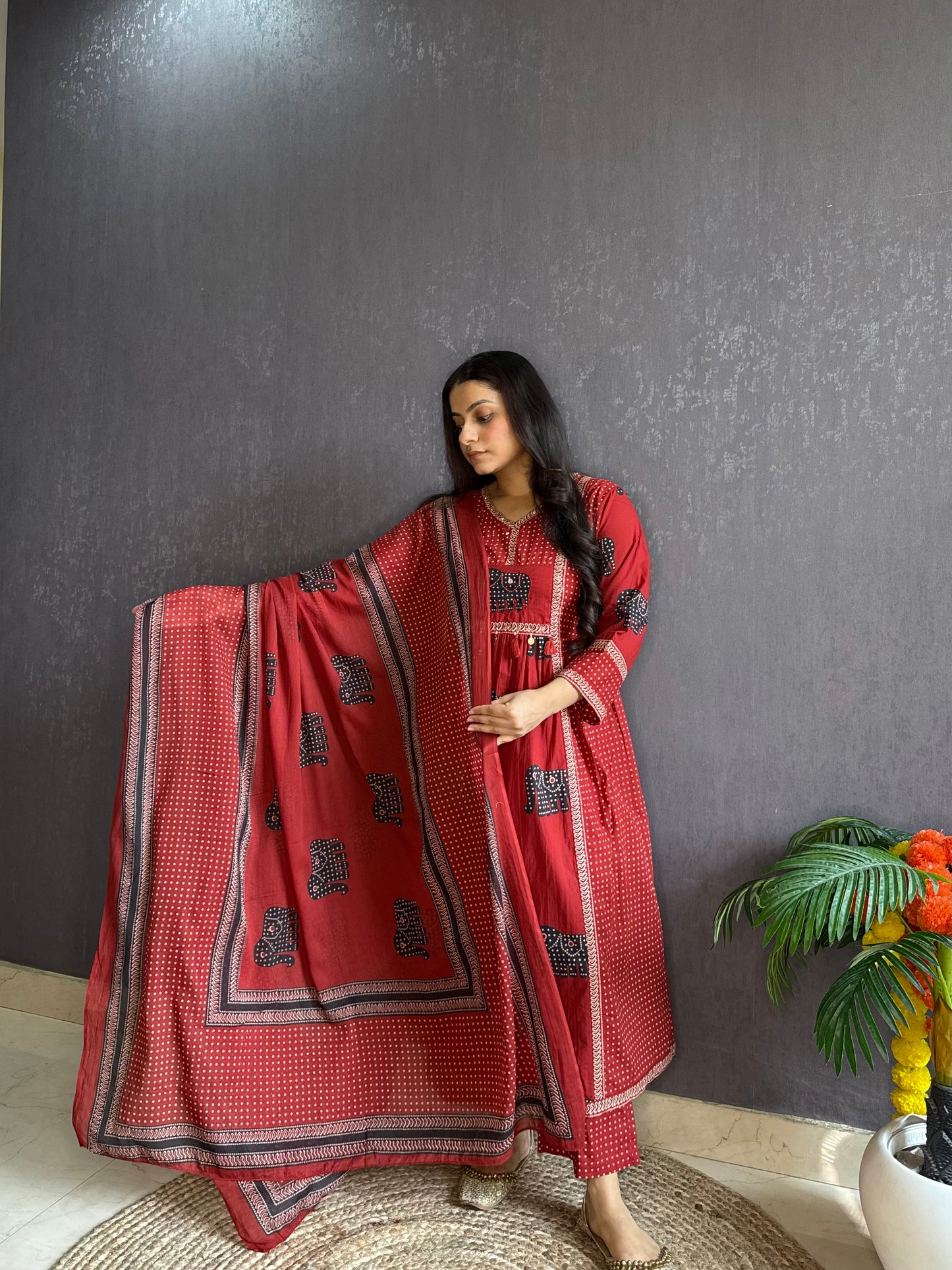 Ajrakh elephants handwork A line suit set