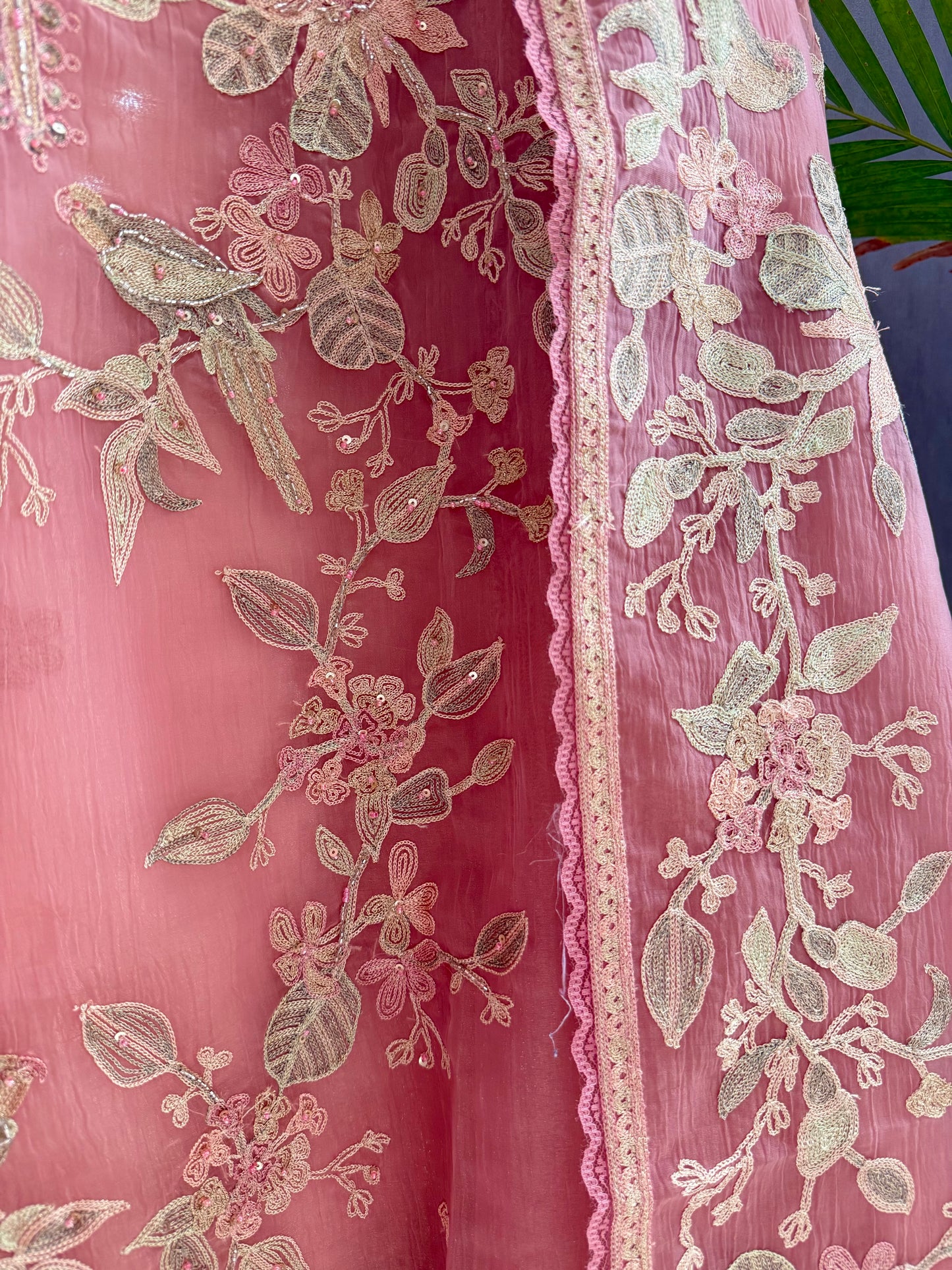 Crush tissue handwork birds and florals suit