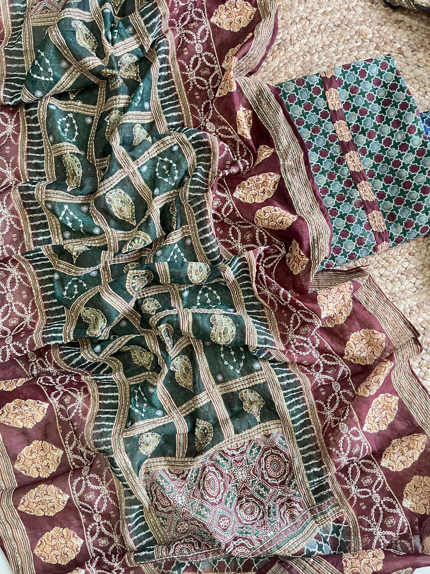 Maheshwari Kantha work Ajrakh Unstitched suit